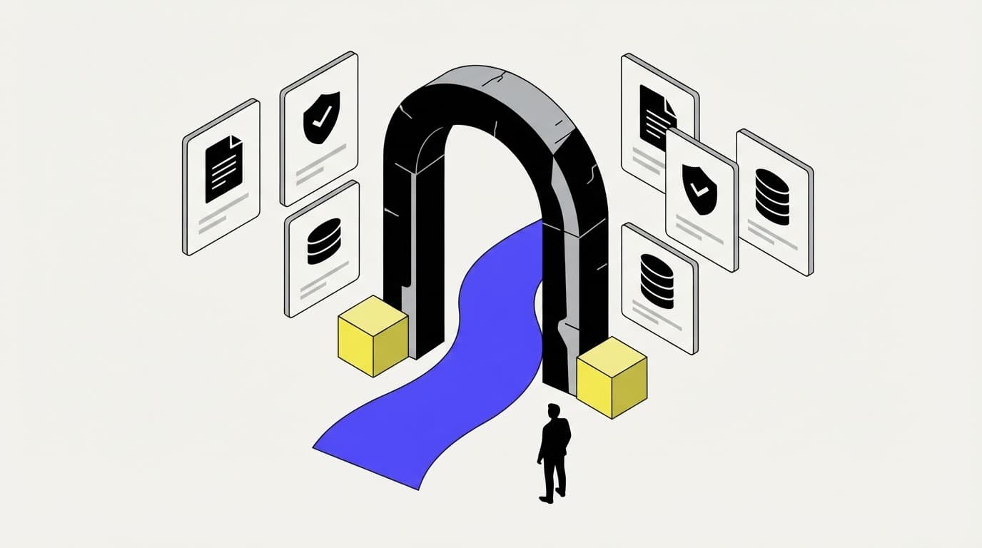 An isometric illustration of a decision archway for compliance