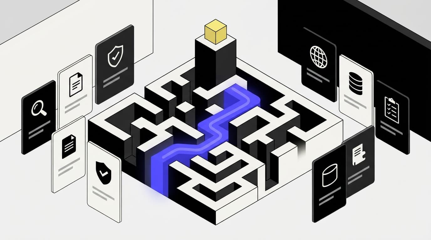 Interlocking labyrinth hero object representing complex compliance workflows